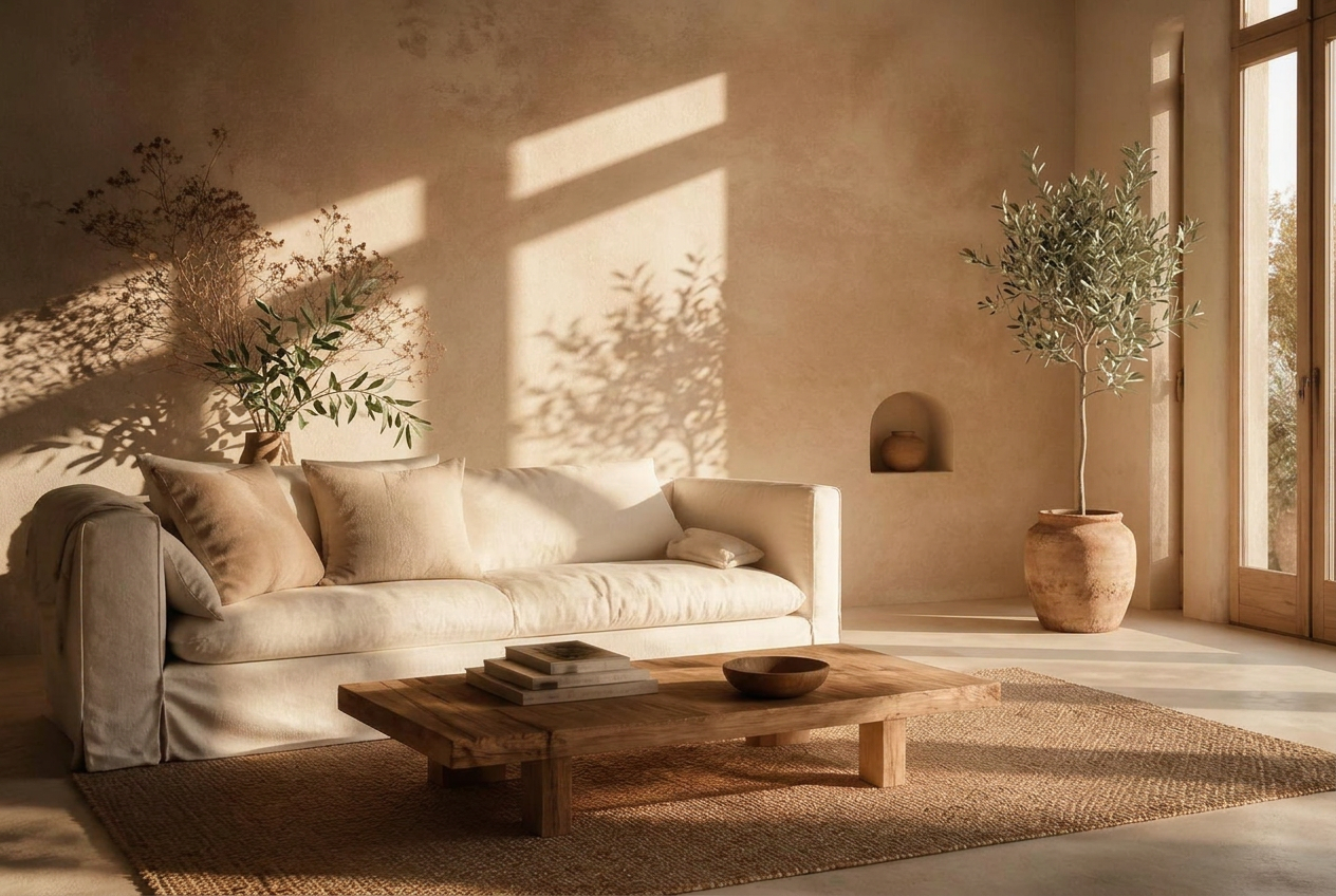 Sunlit minimalist living room designed by Haus of Stellars